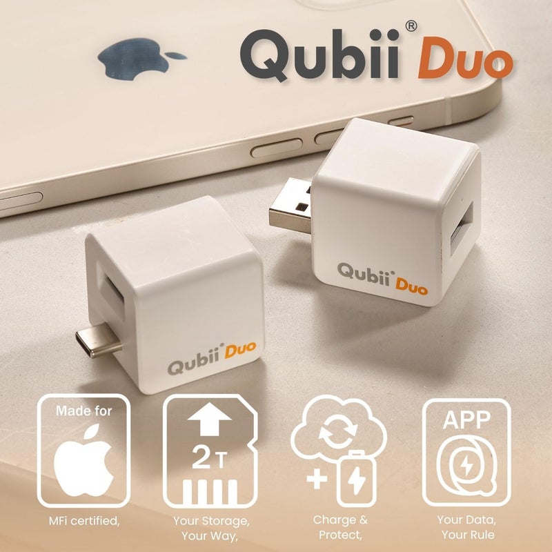 MAKTAR MFi-Certified Qubii Duo USB A Auto Photo Storage & iPhone Backup Charge and Automatically Save. Ends icloud fees. Free APP Apple Android One Button Restore and Backup with Photo Management - Image 2